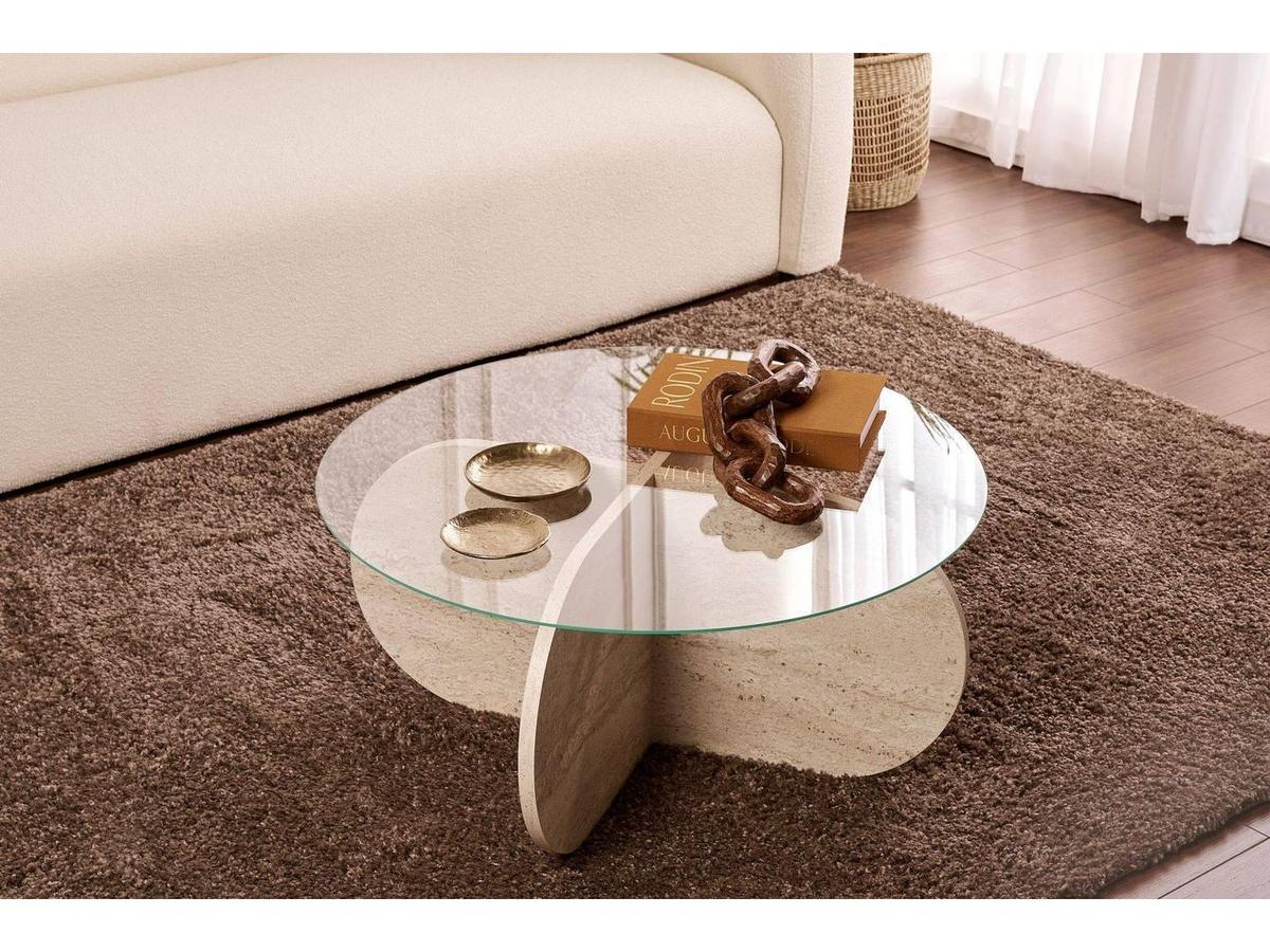Table basse Kalune Design Aeris - Transparente - Travertin - 110 x 60 x 40 cm