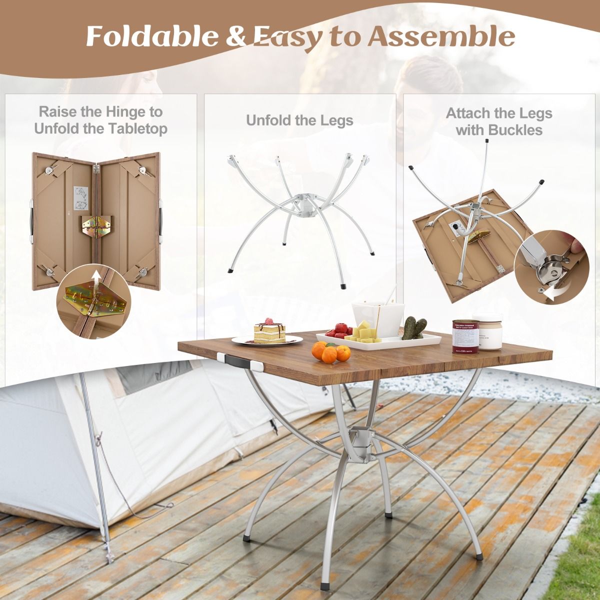Ensemble de table de camping pliable Coast - Extensible - Aluminium léger - Plateau imitation bois - Couleurs café et argent