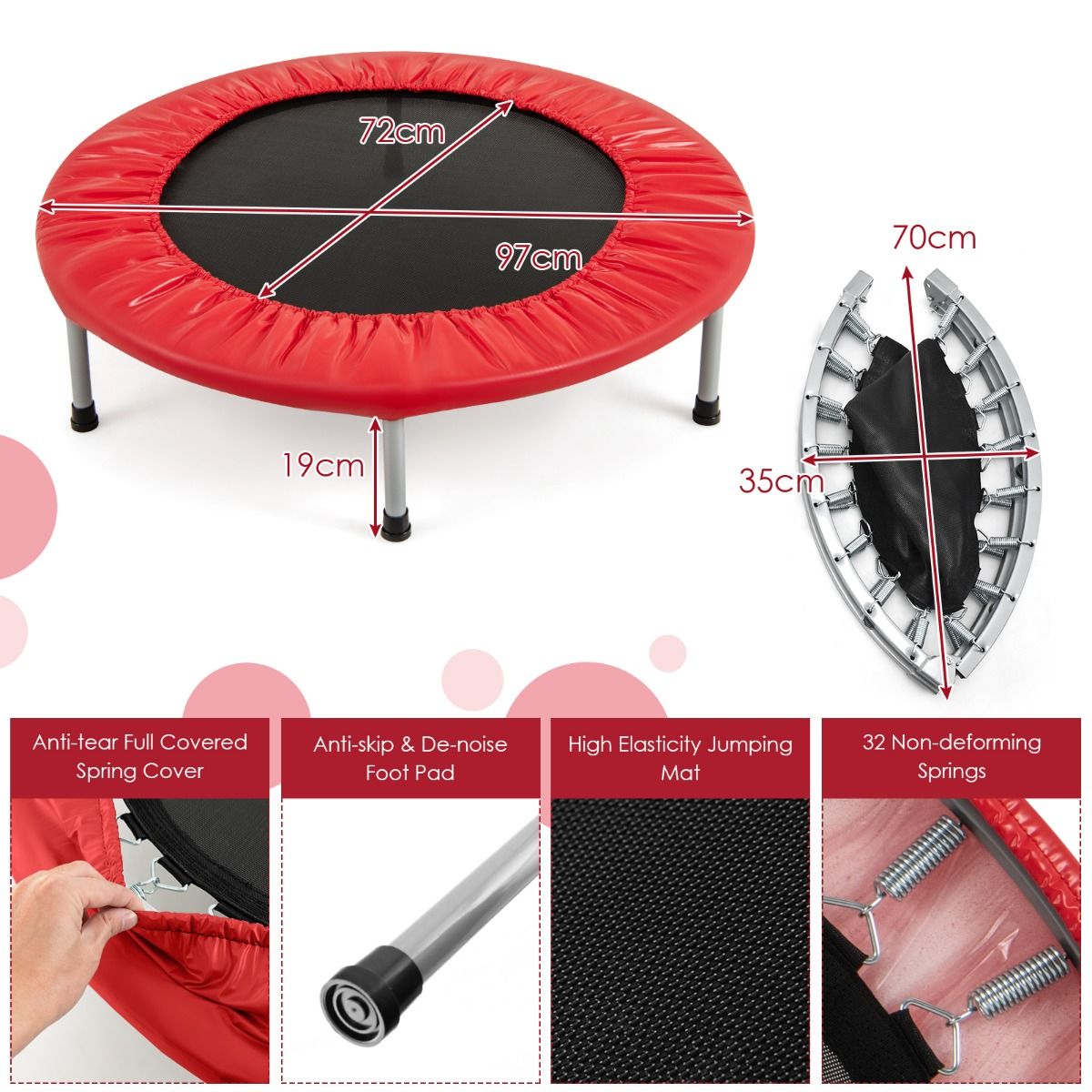 Mini-trampoline Coast - Pliable - Trampoline pour enfants jusqu'à 150 kg - rouge, Ø 97 cm