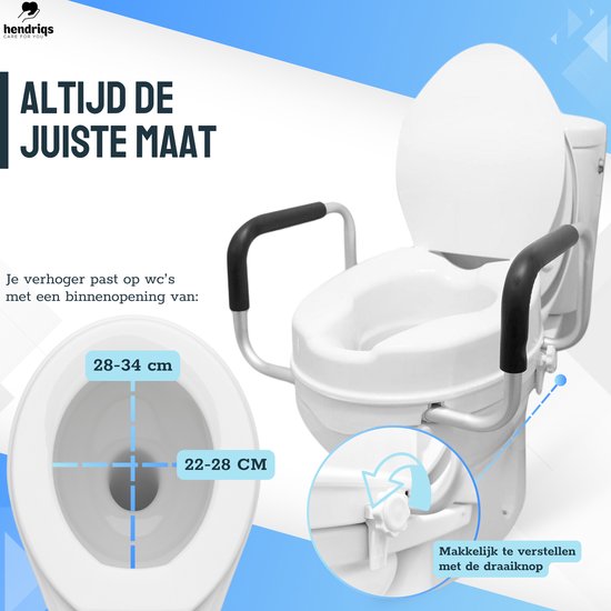 Rehausseur de WC Hendriqs® 10 cm avec accoudoirs et couvercle - Rehausseur de WC avec accoudoirs - Siège de WC surélevé - Rehausseur pour adultes et seniors - Siège de toilettes à hauteur réglable - Rehausseur de WC - Siège de WC surélevé