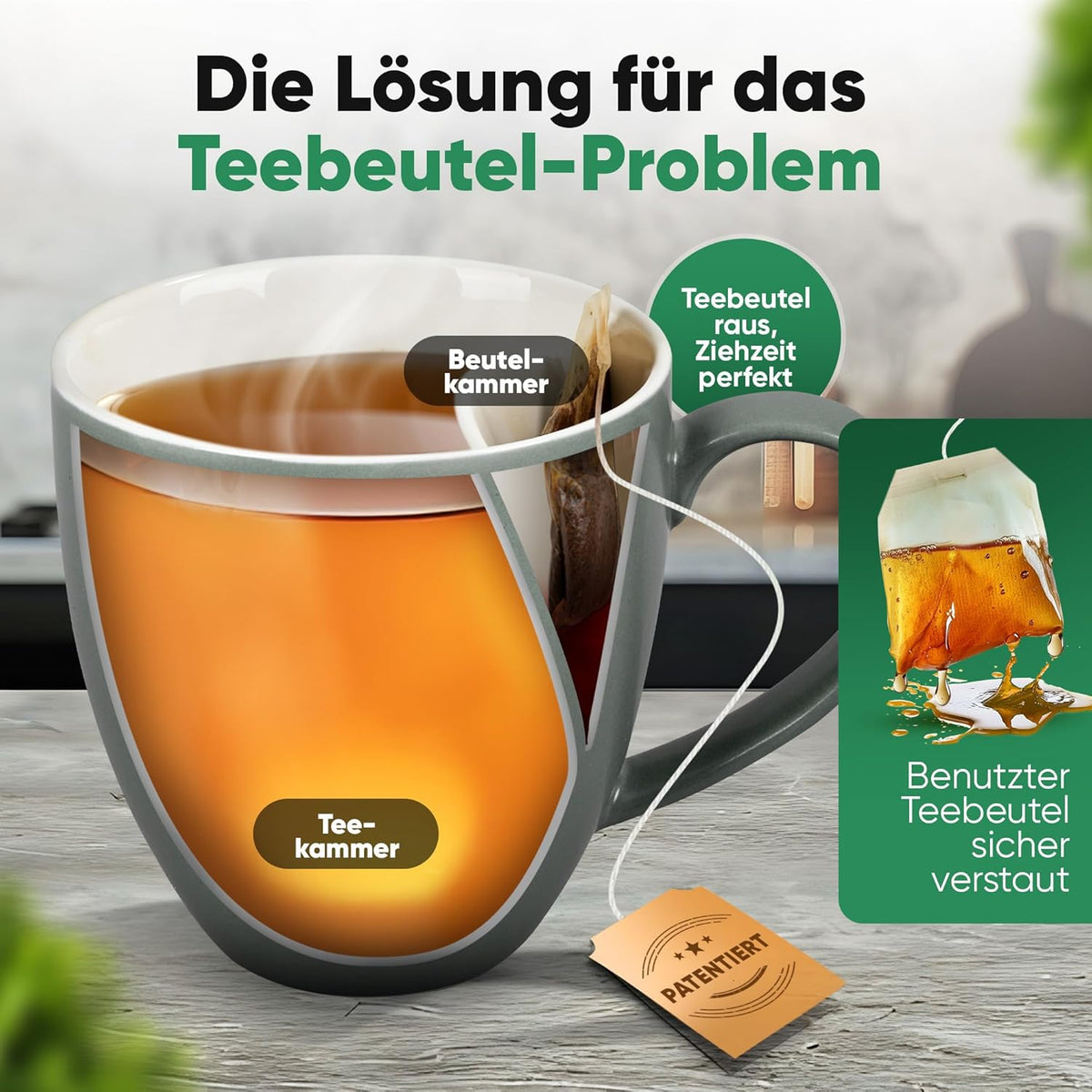 Neighbour's Friend Tasse à thé brevetée grise avec porte-sac I Tasse en céramique grande 325ml I Tasse à thé en faïence I Tasse en céramique pour le thé I Tasses à thé lavables au lave-vaisselle I Design moderne pour les buveurs de thé
