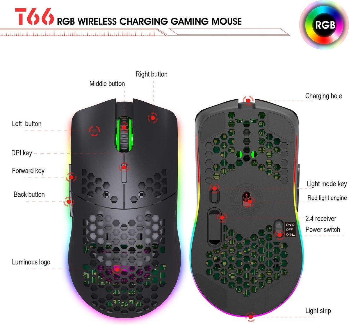 HXSJ T66 Souris de jeu sans fil 2.4G - Ultra légère - Eclairage RGB - Noir