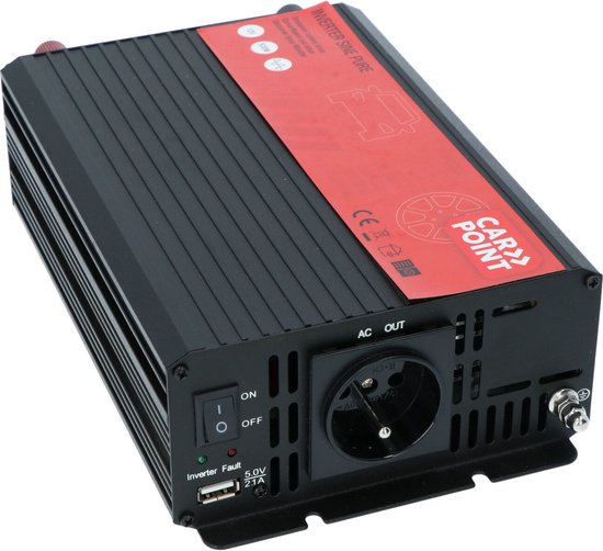 Convertisseur Carpoint - 12 V > 230 V - Onde sinusoïdale pure - Puissance continue 500 W - Puissance de crête 1 000 watts – Prise de sortie française/belge – Raccordement permanent à la batterie - Résistant aux chocs - Ventilateur de refroidissement à rég