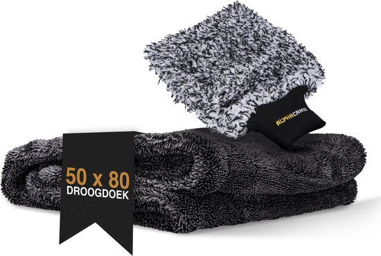 ALPHACARE - Serviette sèche + gant de lavage Voiture - Moto - Salle de bain - Séchage rapide - 50 x 80 - 1200 GSM - Gris