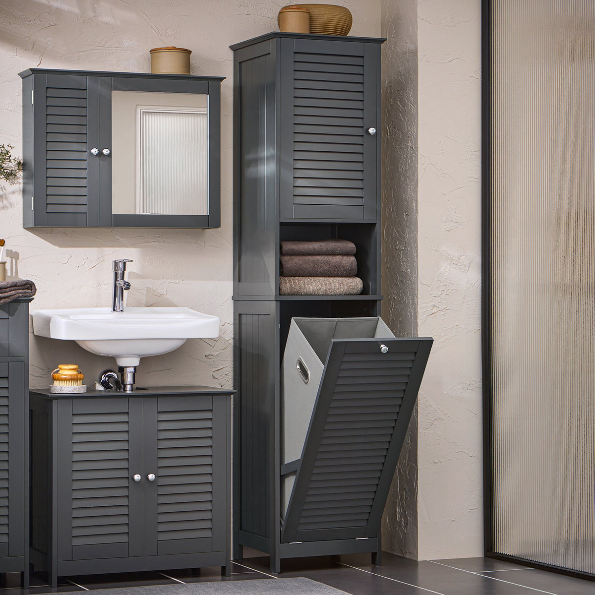 SoBuy Meuble colonne - BZR124-DG - Salle de bain - Panier à linge amovible - Anthracite