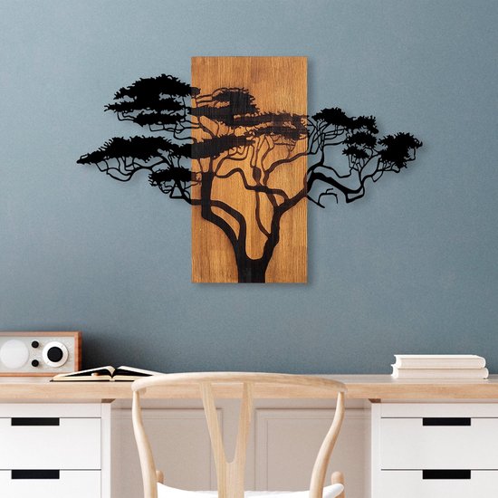 Asir - Accessoire mural décoratif en bois - Noyer & Noir - 90 x 58 cm