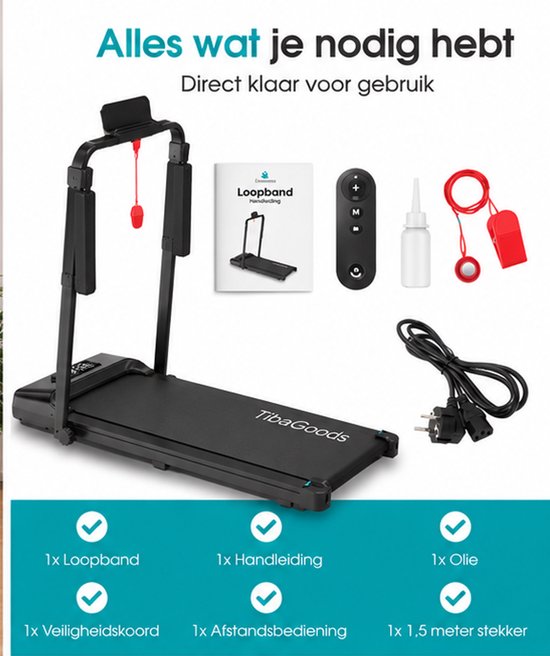 Tapis de course pliable TibaGoods - 1 à 8 km/h - Tapis de course - Tapis de marche - Vélo d'appartement - Tapis de marche pour la maison - Treadmill - Sport - Course à pied - 130 kg