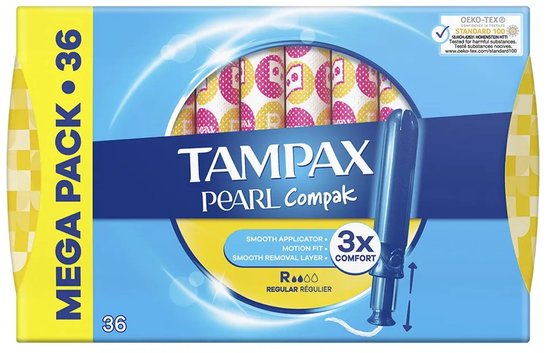 Tampons Tampax Pearl Compak Regular avec applicateur, lot de 36