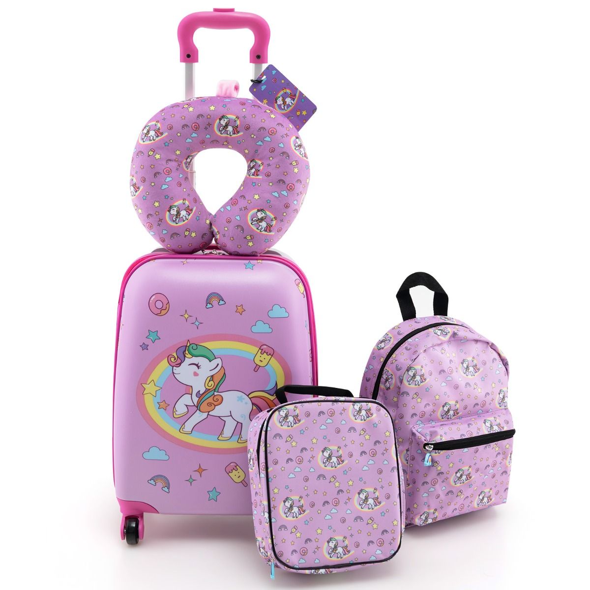 Coast Suitcase Set for Kids 4-Piece - Trolley Backpack Neck Cushion Lunch Bag - Pink Unicorn