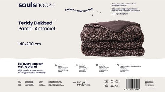 Couette Soulsnooze Teddy Pantera Anthracite 140×200 - Couette 2-en-1 sans housse - Couette lavable sans housse - Couverture - Couvre-lit - Plaid moelleux