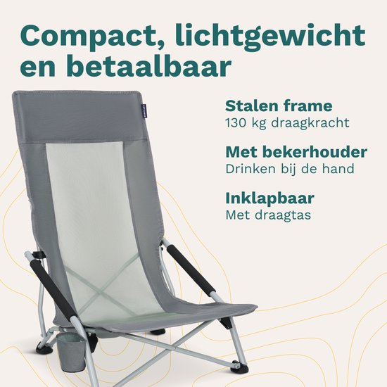 TRVLMORE Chaise de plage - pliable et démontable - capacité de charge de 130 kg - légère - avec sac de transport et porte-gobelet - dossier haut - gris