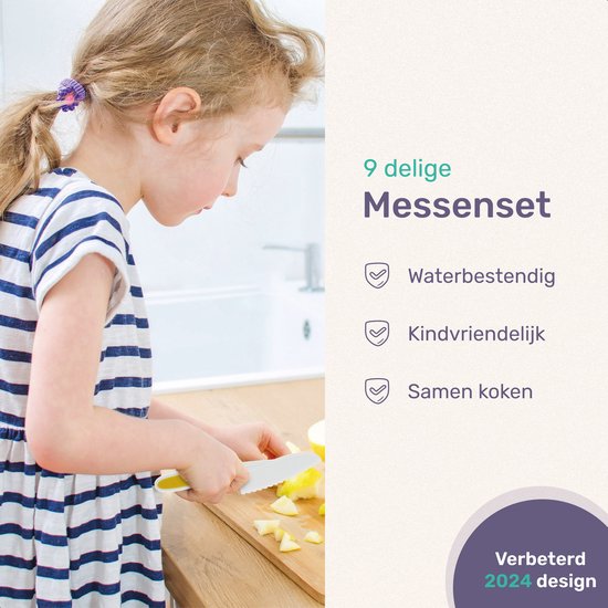 Qwali XL Montessori Children's Knife Set - 9 Piece - incl. cutting board and apron - Safe - Cooking - Cutlery Knife - Knives for kids - Kitchen knife