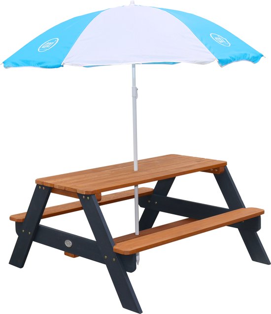 Table de pique-nique AXI Nick Anthracite/marron - Parasol Bleu/blanc - Table de pique-nique pour enfants en bois FSC