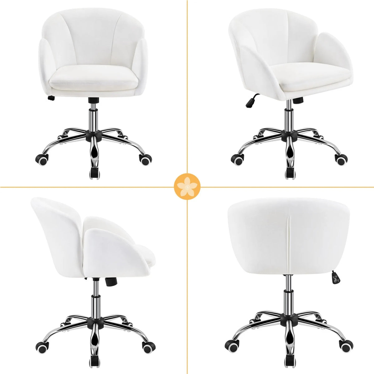Yaheetech : élégante chaise de bureau avec motif floral, hauteur 72-81,5 cm – Blanc neige – Polyester et métal