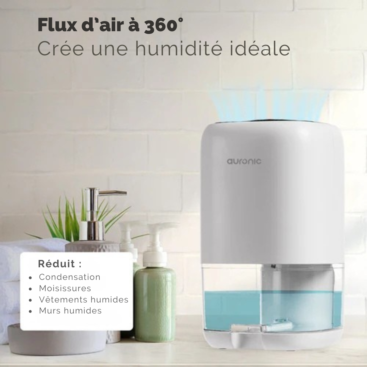 Déshumidificateur - Auronic - Jusqu'à 450ml par jour - LED - Convient salon, chambre et salle de bain - Blanc