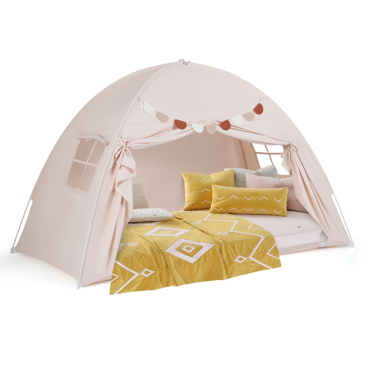 Tente pour enfants Coast pour deux personnes - Tente pliable à baldaquin - Avec fenêtres et bannière - 201 x 100 x 122 cm - Beige