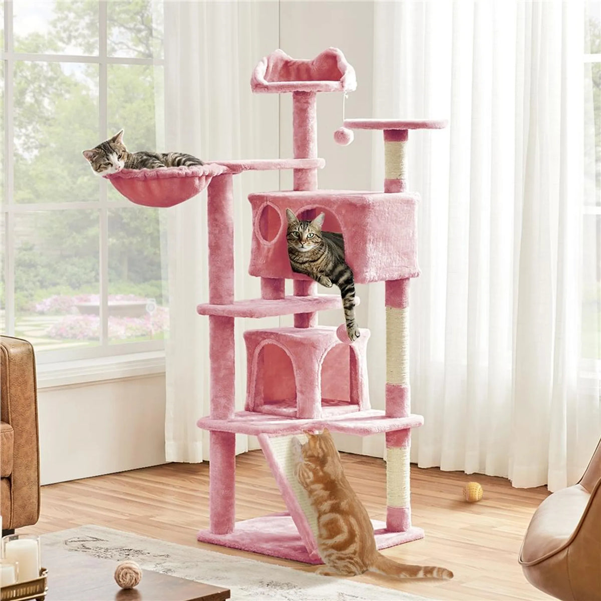 Yaheetech : grand arbre à chat à 5 étages, 146 cm – rose raffiné – sisal et peluche