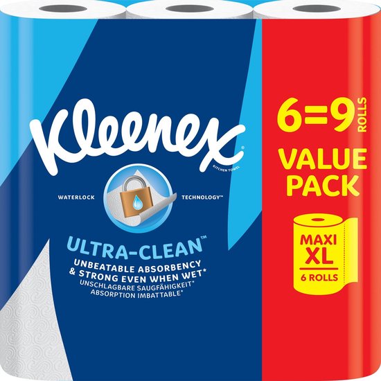 Papier essuie-tout Kleenex - Rouleau de cuisine Ultra Clean - 6 rouleaux Maxi XL - Lot économique