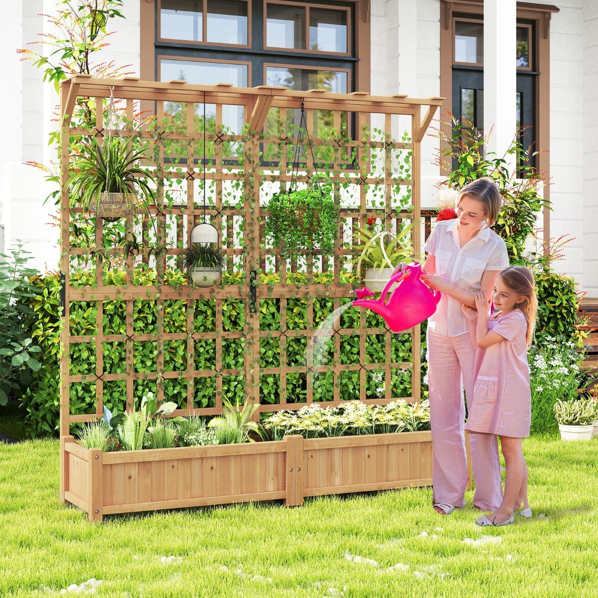 Jardinière en bois Coast avec treillis - 2 jardinières - toit suspendu - couleur naturelle - 180 x 48 x 183 cm