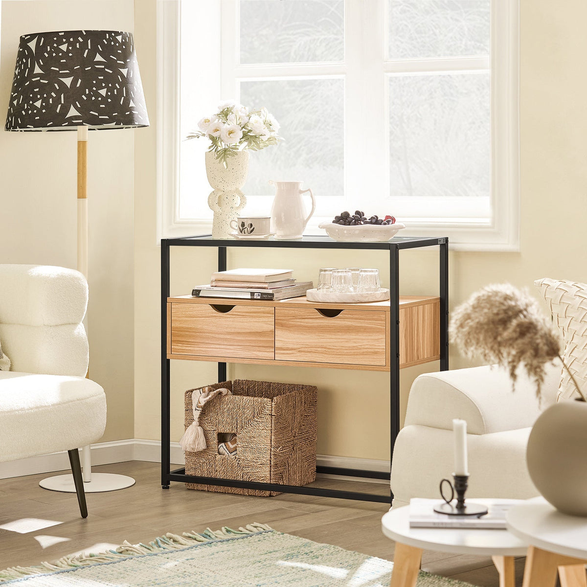 SoBuy Table d'appoint avec plateau en verre - Avec 2 tiroirs - Max. 40 kg - 81 x 35 x 78 cm - Bois/ Fer
