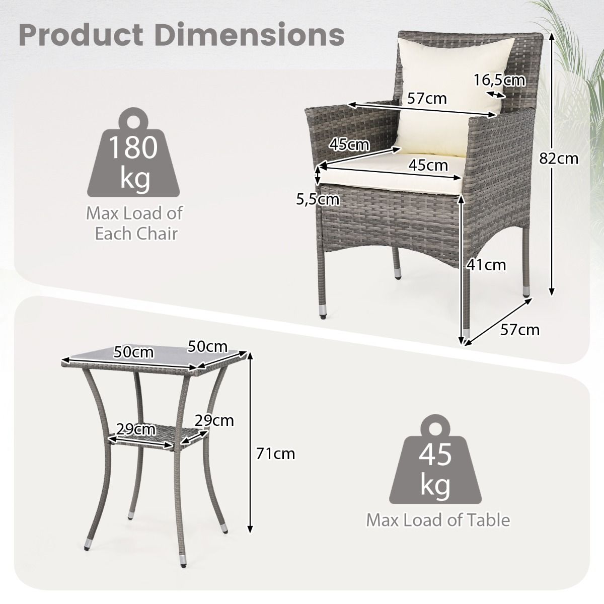 Ensemble de jardin Coast 3 pièces - 2 chaises de jardin en rotin avec coussins - table d'appoint en verre trempé - mélange de gris