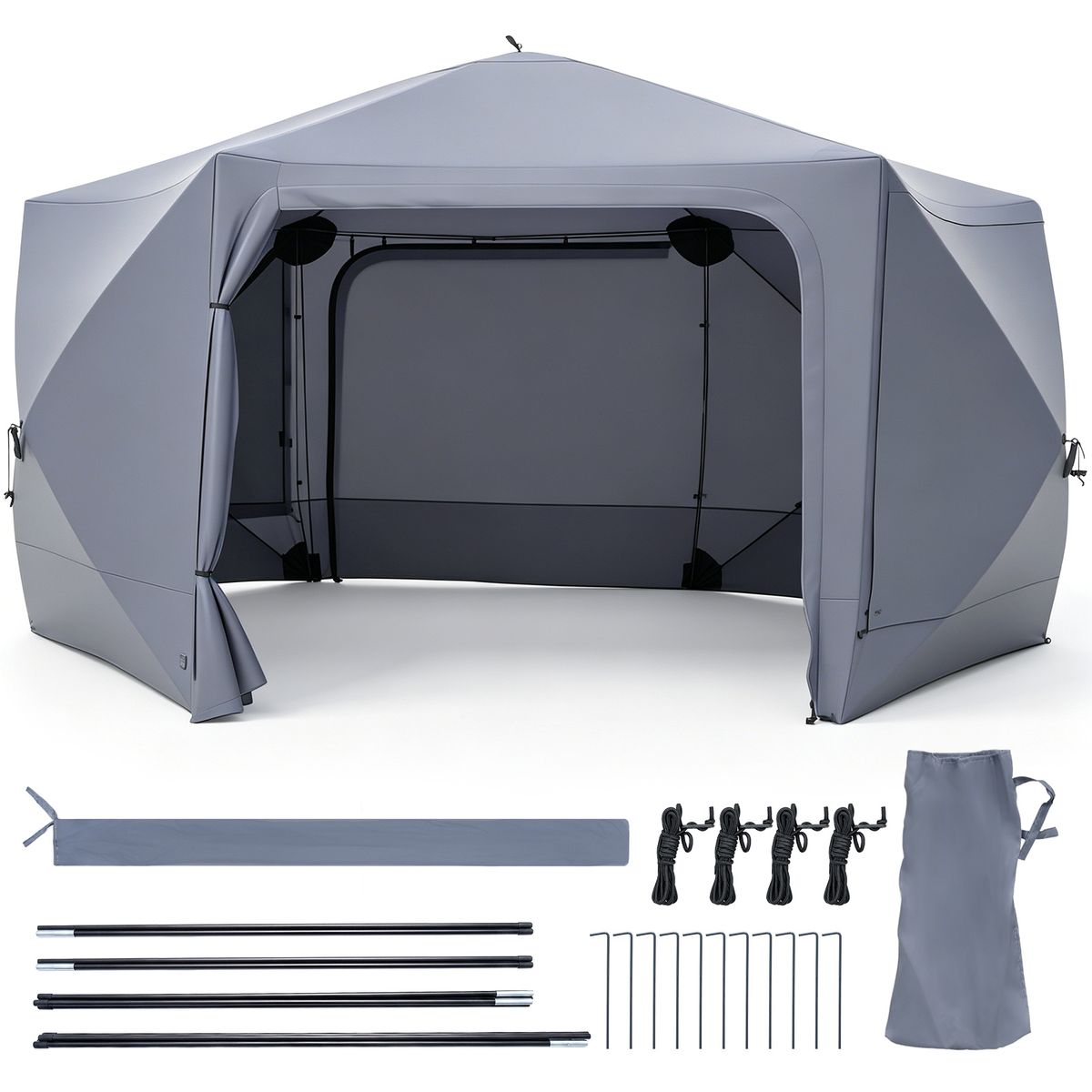 Pavillon de jardin éphémère Coast - hexagonal - avec 6 parois latérales et des moustiquaires - gris 427 x 427 cm