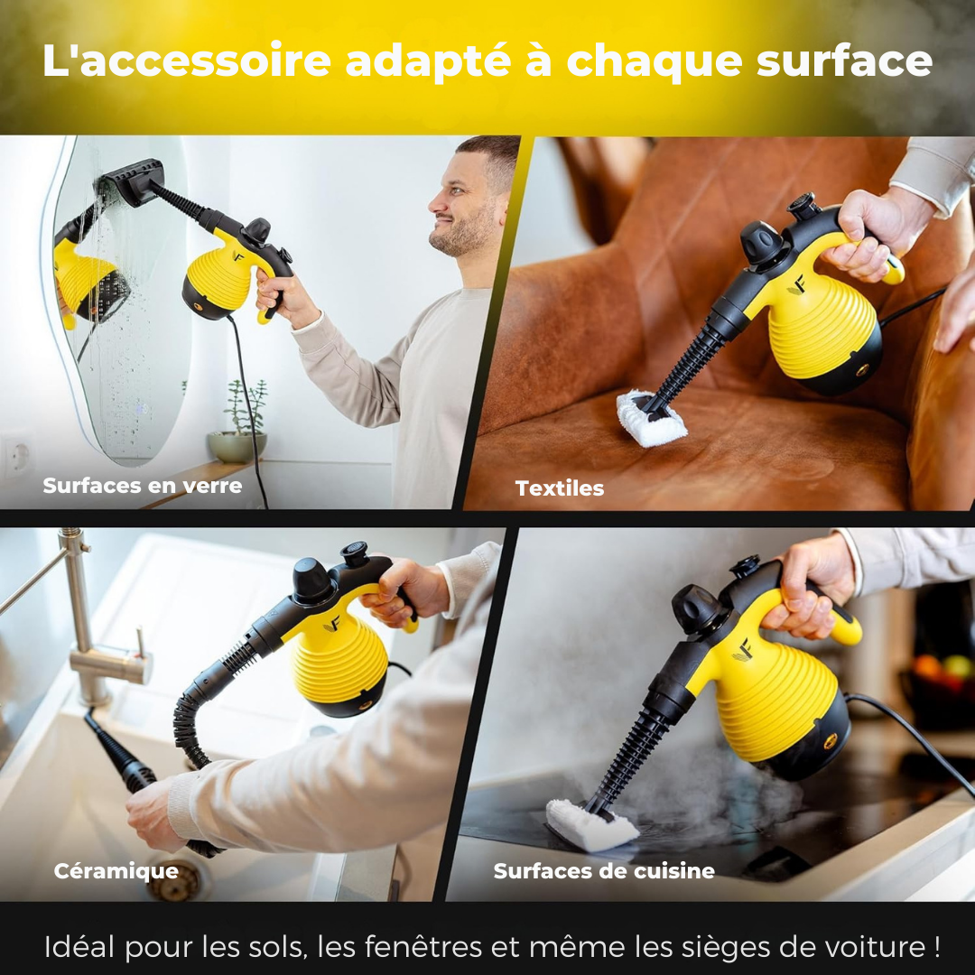 Nettoyeur vapeur à main – Réglage de la vapeur – Comprend 10 accessoires – Réservoir de 350 ml – Jaune