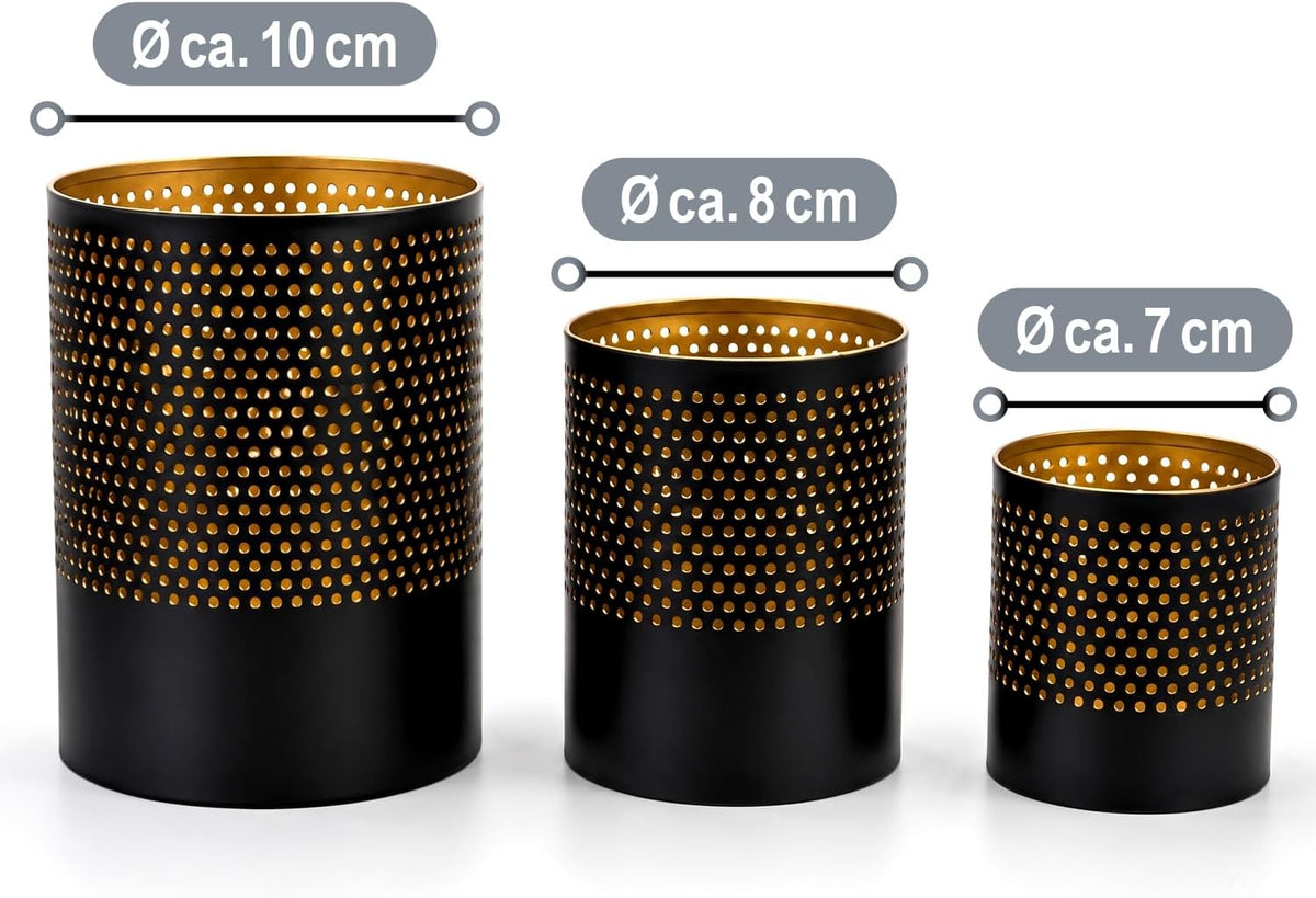 com-four® Lot de 3 lanternes en métal – Noir/Or – 7,5, 10 et 13 cm