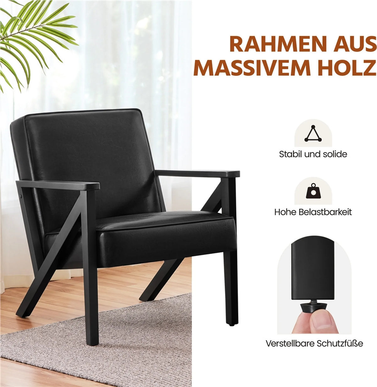 Fauteuil de salon vintage Yaheetech / Fauteuil à pieds en Z 78 x 67 x 79,5 cm – Noir mat – Simili cuir PU et bois de caoutchouc