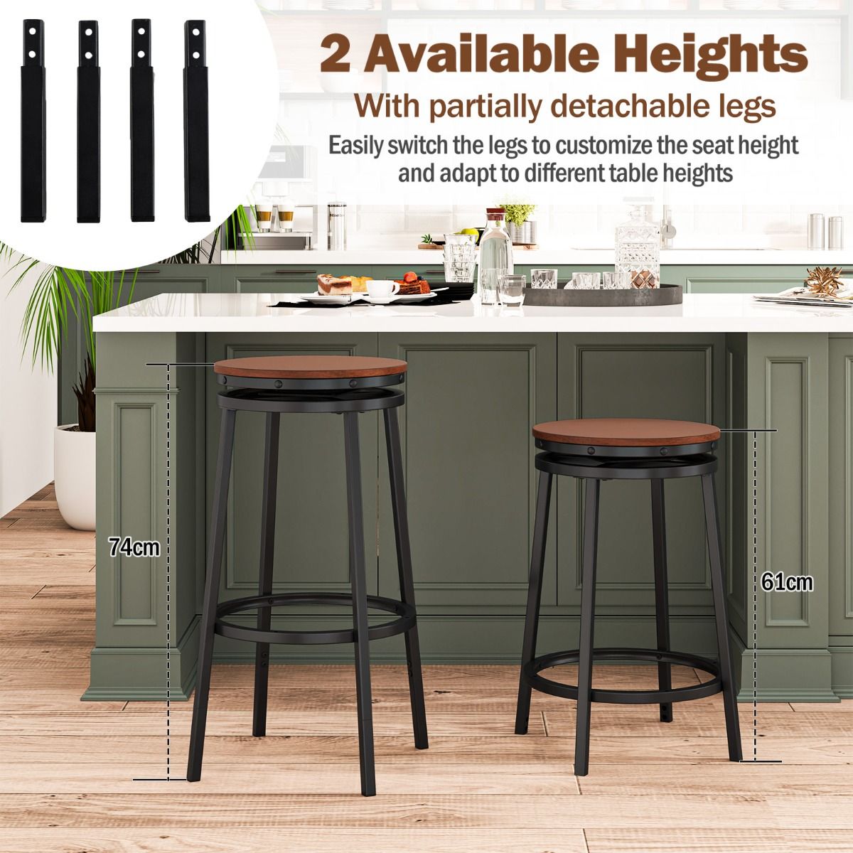 Lot de 2 tabourets de bar Coast - hauteur réglable - pivotants à 360° - marron rustique et noir
