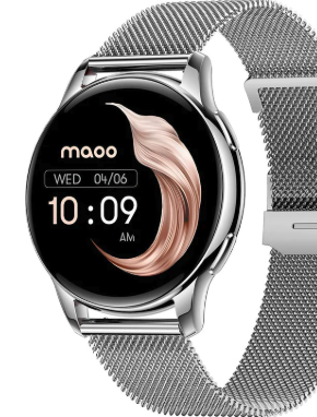 Maoo Ventura AMOLED Smartwatch Ladies - Acier inoxydable et bracelet en silicone 3x - Podomètre - Moniteur de fréquence cardiaque - Moniteur de sommeil - Multisport - Convient à Android et iOS - Argent et blanc
