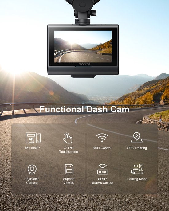Caméra embarquée iZEEKER GD850 pour voiture - 4K et 1080p - Caméras avant et arrière - Wi-Fi et GPS - Écran tactile IPS 3 pouces - Capteur Sony - Vision nocturne