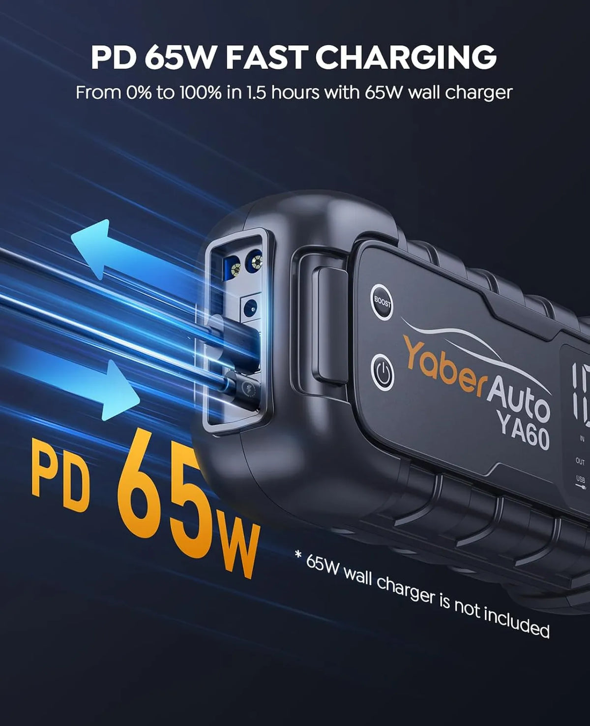 YaberAuto YA60 Jumpstarter 8000 A - 26 800 mAh - Charge rapide 65 W, LED
