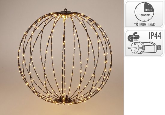 Boule lumineuse - D60 cm - 400 LED - blanc chaud - avec minuterie - structure noire - éclairage