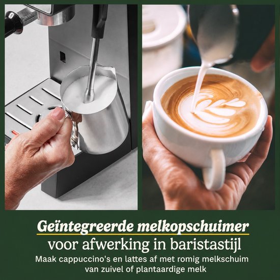 Machine à expresso à piston Cuisinart Slim pour expresso americano et cold brew, avec mousseur à lait intégré pour latte et cappuccino, pression de 15 bars, porte-filtre sans fond, design compact adapté aux mugs de voyage, réservoir d'eau de 1,5 L