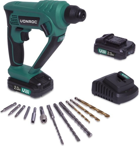 VONROC Marteau perforateur sans fil - VPower 20V - 2x 2.0Ah batterie & chargeur - 1.3 Joule - SDS-plus - Accessoires inclus