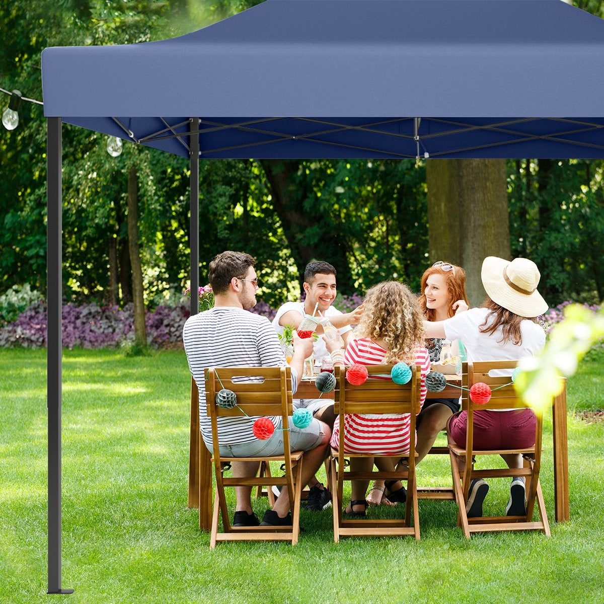 Tente de réception, LifeGoods, 3x4.5 m, Facile à monter, Pliable, Imperméable - Sac de transport à roulettes - Bleu foncé