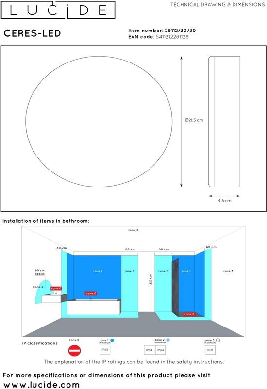 Lucide CERES-LED - Plafonnier (lampe de plafond) pour salle de bains - Ø 21,5 cm - LED à intensité variable - 1x30 W 3000 K - IP44 - Noir