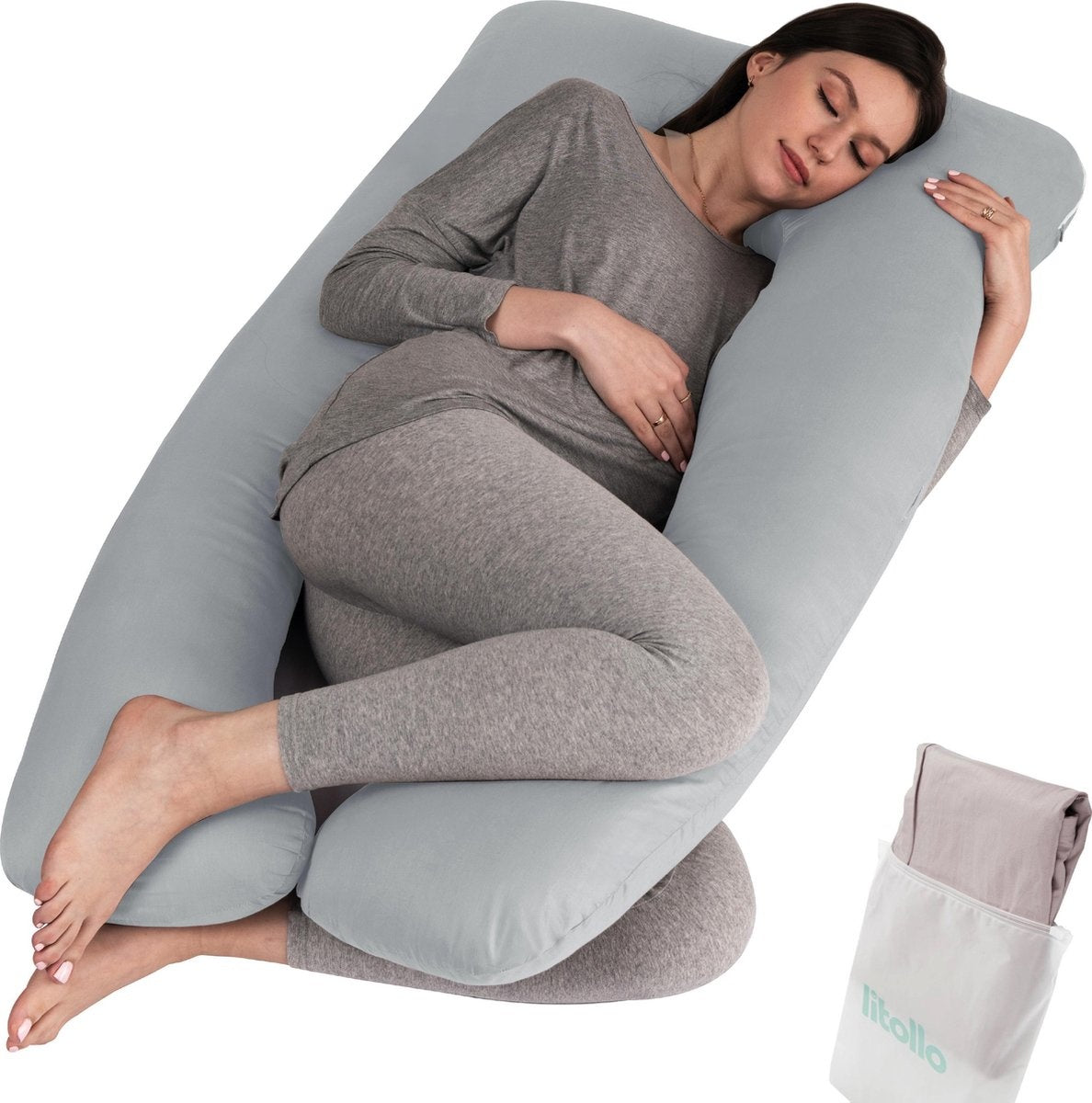 Litollo® Coussin de grossesse XXL - Coussin d'allaitement - Coussin corporel - Oreiller corporel - 280cm - Gris - Avec housse supplémentaire amovible gratuite (d'une valeur de 29,95 €)