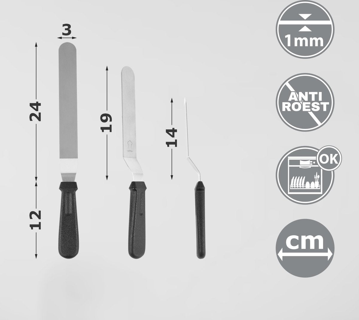 Set de 3 Spatules pour pâtisserie Chefarone - Acier inoxydable - spatule pour glaçage