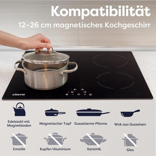 CIARRA CABBIH4-A - Table de cuisson à induction encastrable 60 cm, 4 zones - 6 000 watts