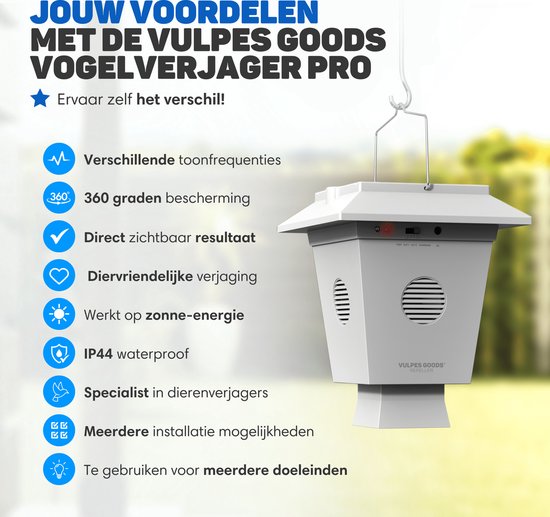 Vulpes Goods® Repellent - Répulsif pour pigeons - Répulsif pour oiseaux à ultrasons - Répulsif pour corneilles - Répulsif pour épouvantails pour pigeons, oiseaux, corneilles et autres volailles - Respectueux des animaux - Fonctionne à l'énergie solaire