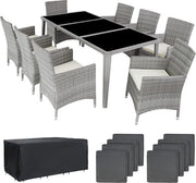 tectake® - set de meubles de jardin en aluminium 8 chaises avec table avec plateau en verre, y compris 2 sets de coussins et housse de protection, meubles de balcon résistants aux intempéries - gris - poly-rattan