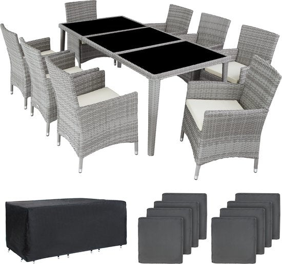 tectake® - set de meubles de jardin en aluminium 8 chaises avec table avec plateau en verre, y compris 2 sets de coussins et housse de protection, meubles de balcon résistants aux intempéries - gris - poly-rattan