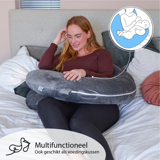 Ella® coussin de grossesse XXL en forme de U - Coussin de grossesse - Coussin en soie - Coussin de corps - Housse amovible en polaire Minky - 140x80cm - Gris