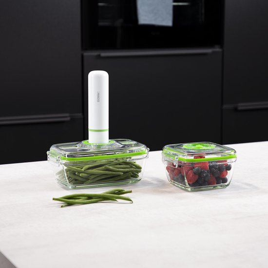 Princess 492985 Boîtes de conservation - Kit de mise sous vide – 2 récipients en verre allant au four et de conservation avec deux couvercles en plastique - Pompe à vide électrique