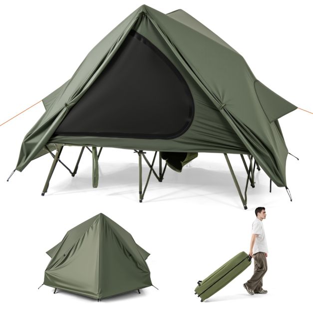 Coast Field bed with tent for 2 Persons - Lit de camping 204 x 126 x 46 cm - Tente pop-up 204 x 128 x 105 cm - Housse de pluie imperméable en Oxford - 2 portes et fenêtres en filet - Sac de rangement à roulettes - Vert