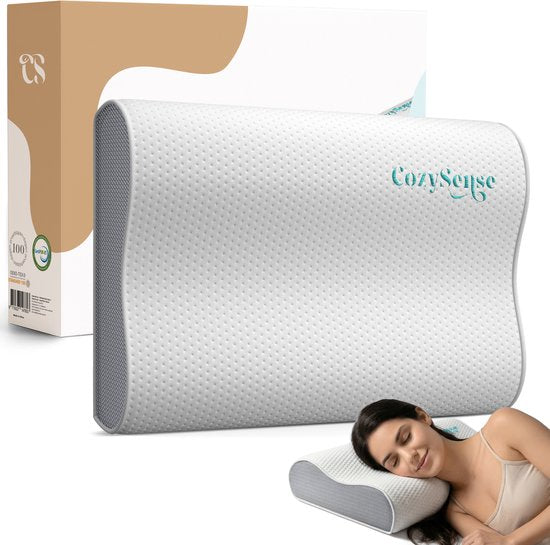 Oreiller CozySense® - Oreiller orthopédique - Oreiller ergonomique - Oreiller de sommeil en mousse à mémoire de forme - Taie d'oreiller et sac de transport inclus - Fermeté - pour les dormeurs sur le côté, le ventre et le dos