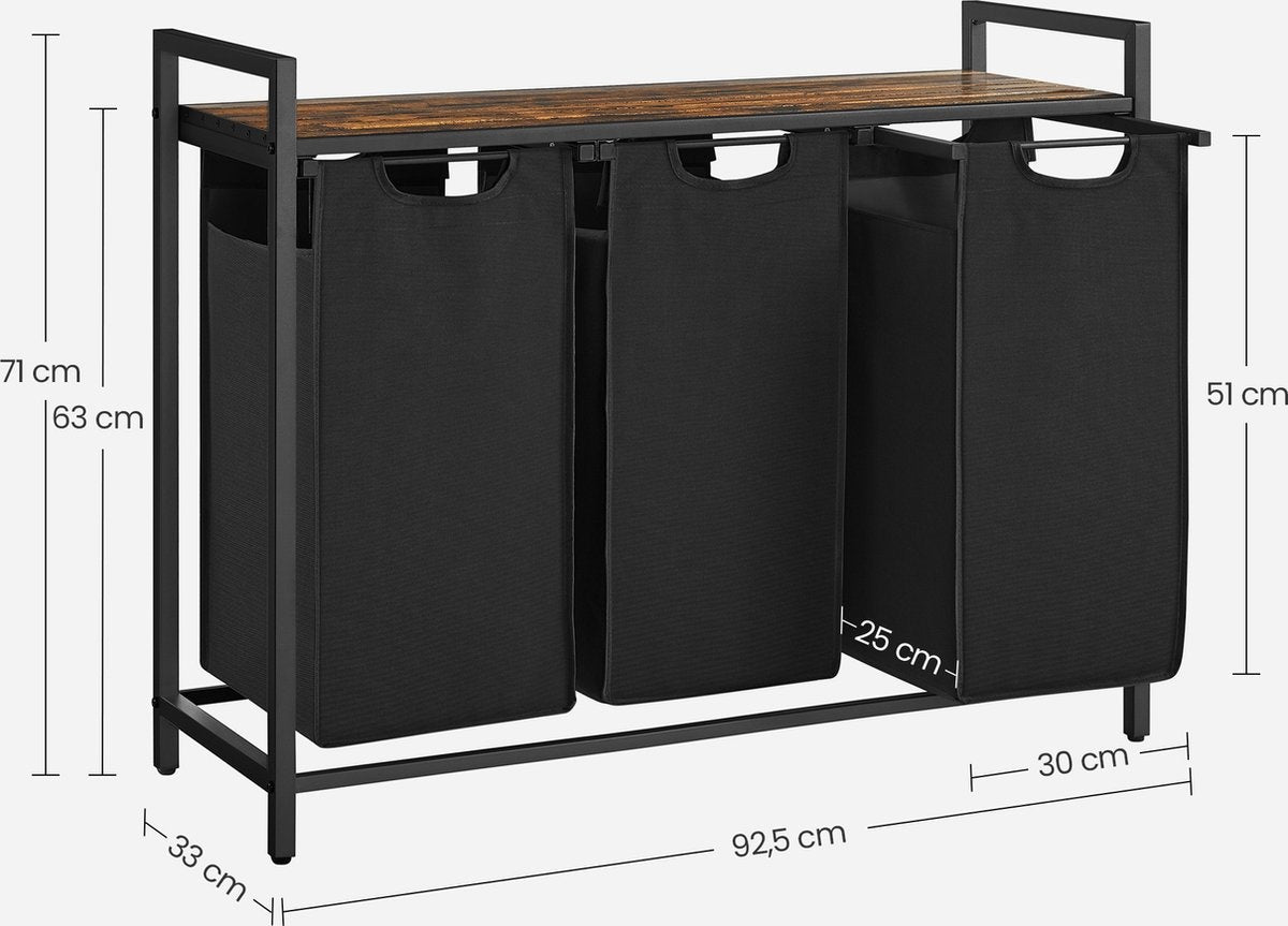 O'DADDY® Panier à linge 3 compartiments - trieur de linge - extensible avec étagère - 92.5 x 33 x 71 cm - panier à linge - 168 L divisé en 3 poches - paniers à linge - panier à linge métal noir - bois brun