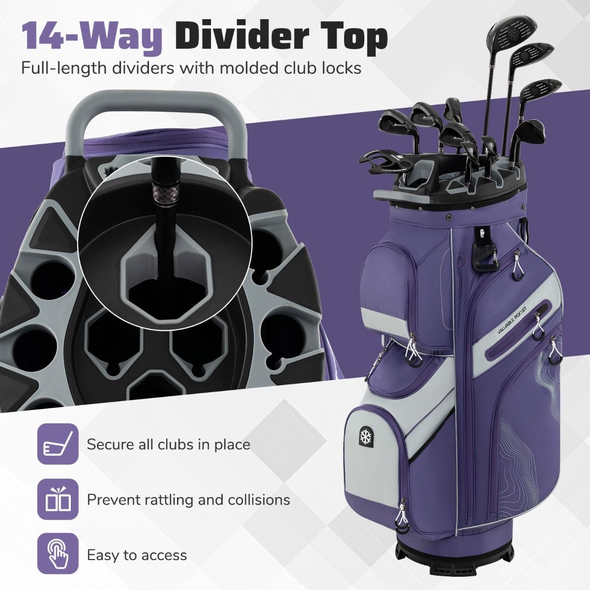 Sac de golf Coast - 14 compartiments - 11 poches de rangement - Violet